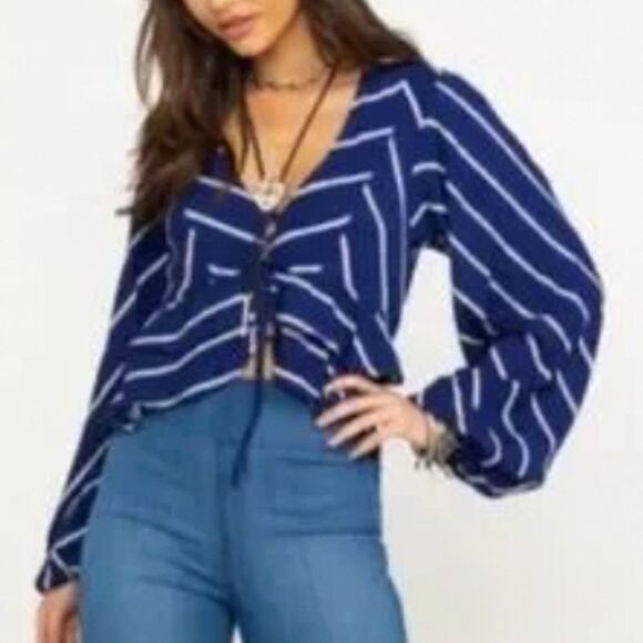 Free People Cropped Blouse Samifran Top Indigo blue long sleeve Striped Medium - Picture 1 of 5